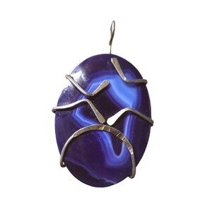 Abstract Blue Agate Pendant Wrapped In Sterling Silver - Hand Crafted